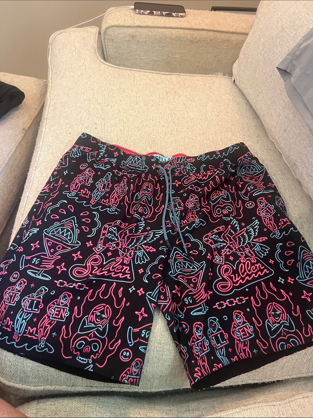 Black Men's Graphic Swim Board Shorts with Pink & Light Blue Print